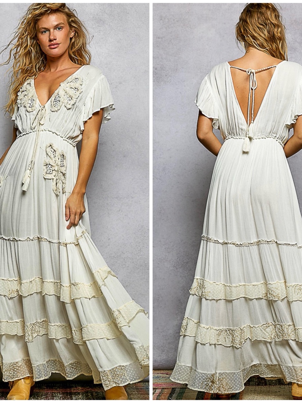 POL Ivory Boho Lace-Trim Tiered Maxi Dress